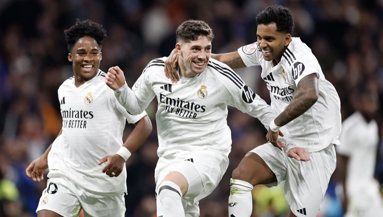 From left to right, players Endrick, Federico Valverde, Rodrygo. Courtesy: Antonio Villalba, Helios de la Rubia, María Jiménez, and David S. Bustamante of Real Madrid CF.