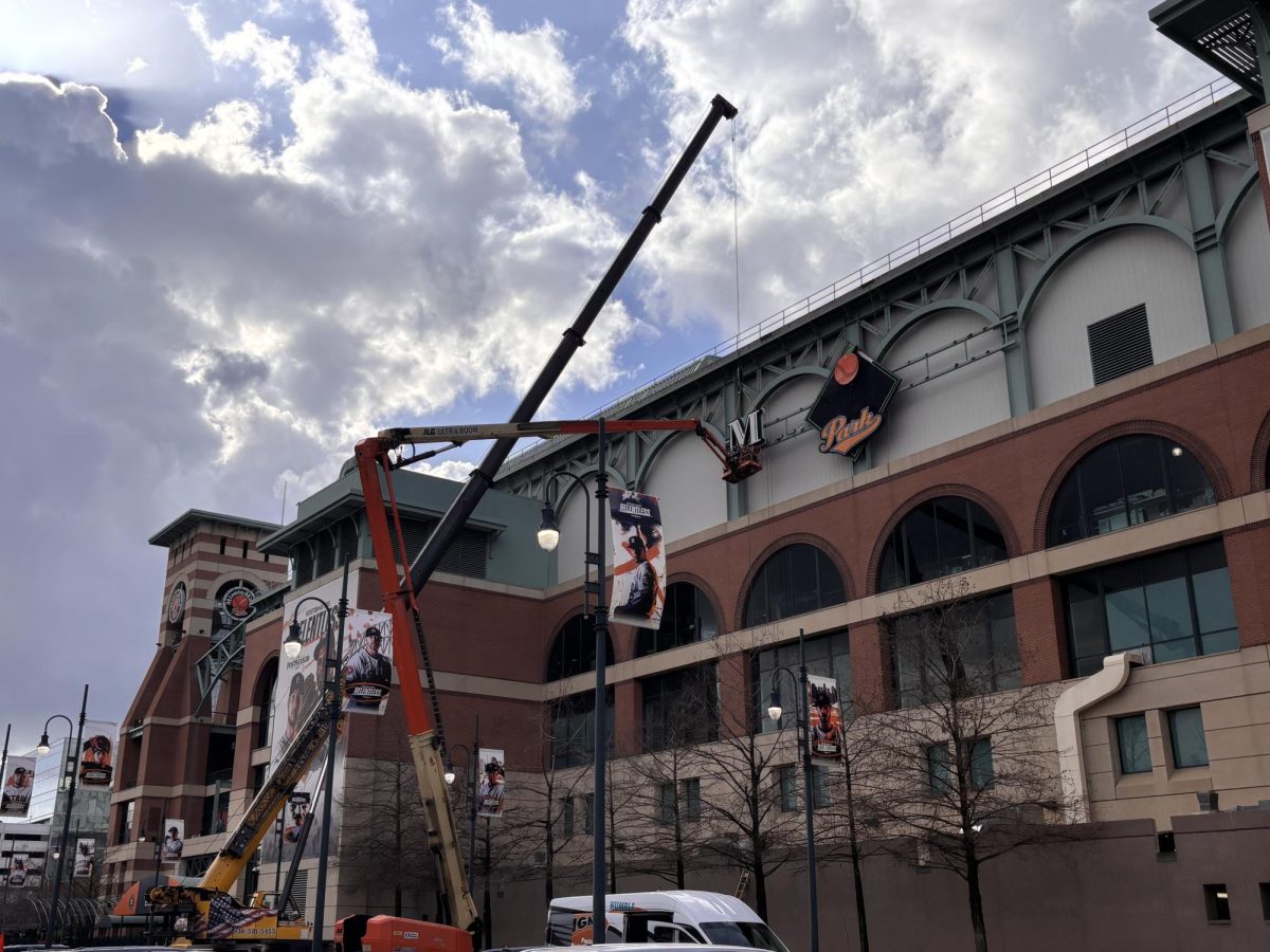 The Minute Maid Park sign was in the process of being removed on Feb. 5.