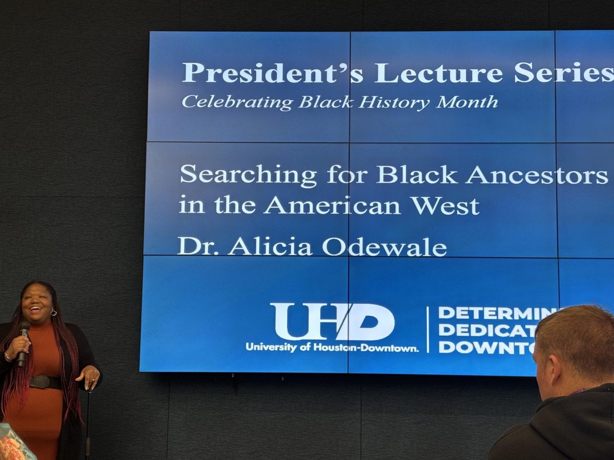 Alicia Odewale greets the audience at the President’s Lecture Series: 