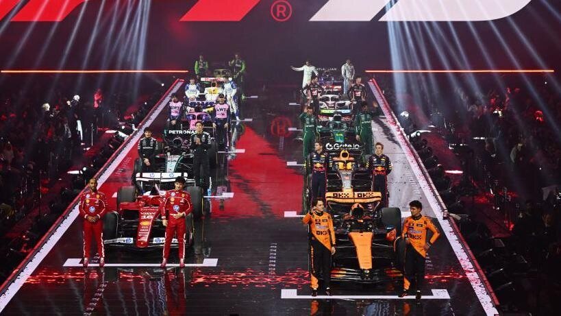 Drivers Lined up with their cars for the year at the F1 75 event at the O2 in London. Courtesy: BBC.